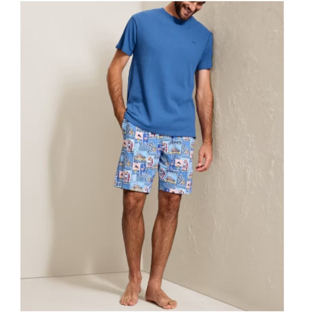 Tommy Bahama Men's Blue Print Patchwork Santa Short-Sleeve Top Pajama Set Size L
